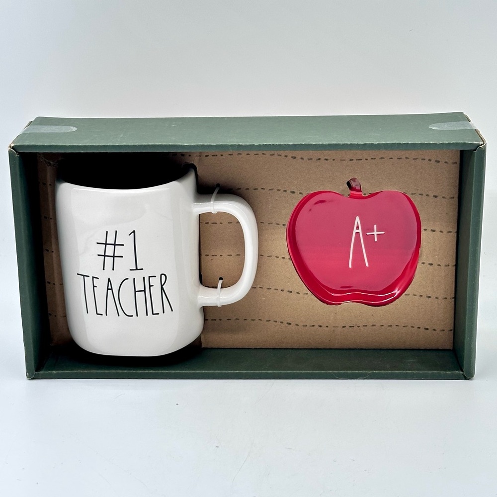 Rae Dunn "#1 TEACHER” Ceramic Mug and “A+” Apple Trinket Tray Gift Set